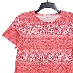 Talbots Top Women L Orange Pink Short Sleeve Stretch Medallion Tile Print Tee